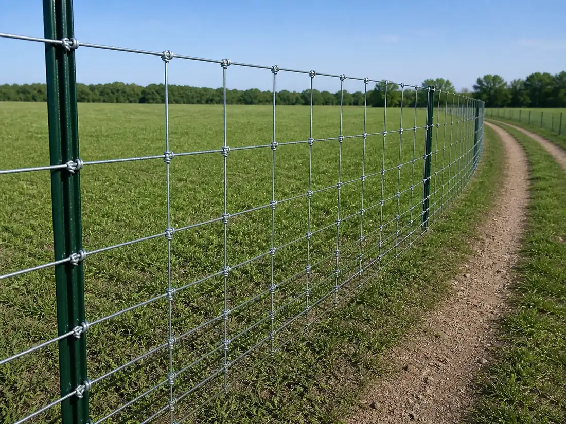 Hinge-joint field fence along an agricultural boundary