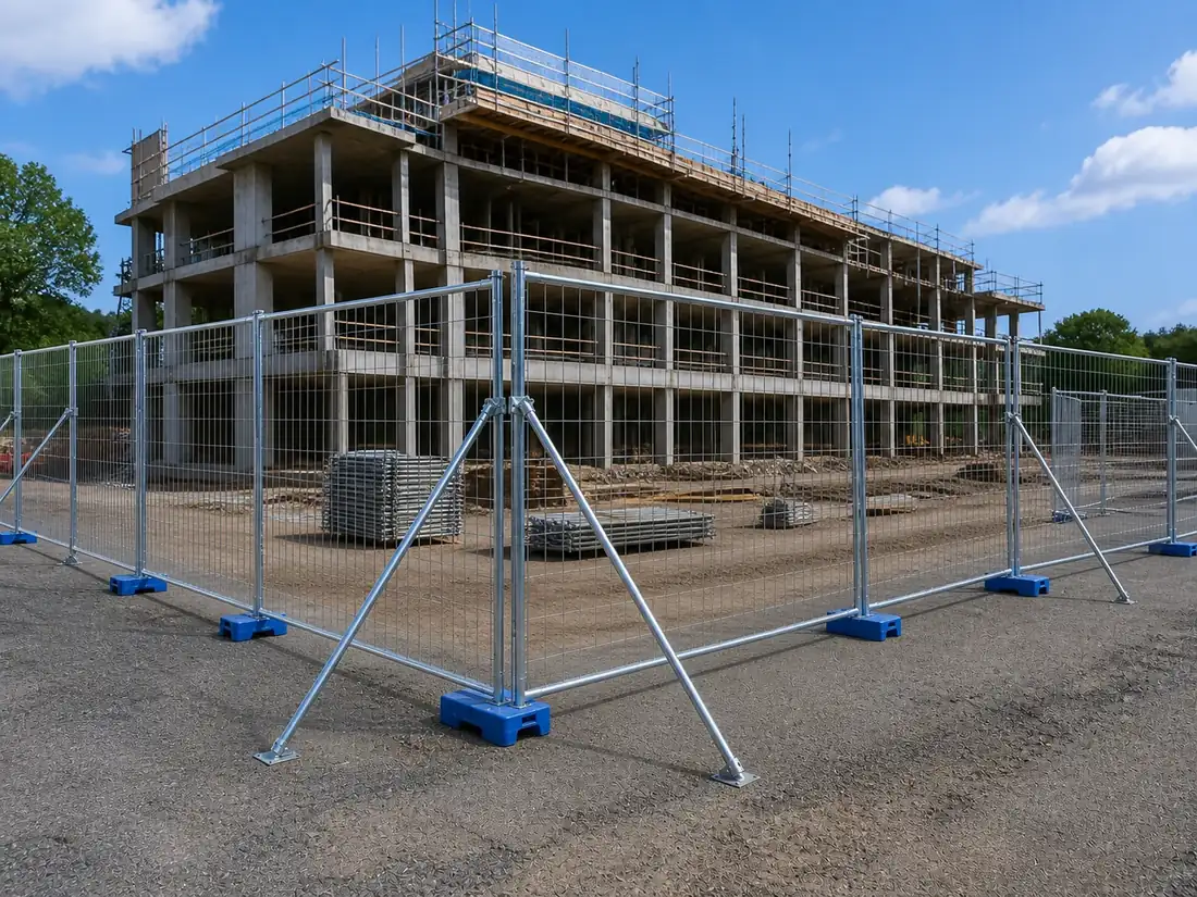 Temporary fence panels enclosing a construction site