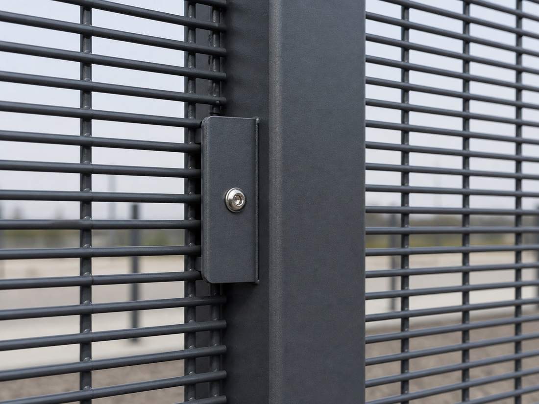 358 anti-climb mesh secured to a square post with a steel security clamp plate